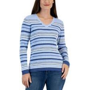 502M NWT Karen Scott Petite Blair Striped Ribbed Knit V Neck Top - Size: PS